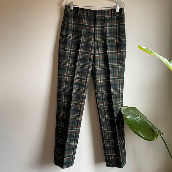 Vintage Pants - Vintage Tartan Wool Green, Blue, and Red Plaid Straight Leg Pants Size 29"